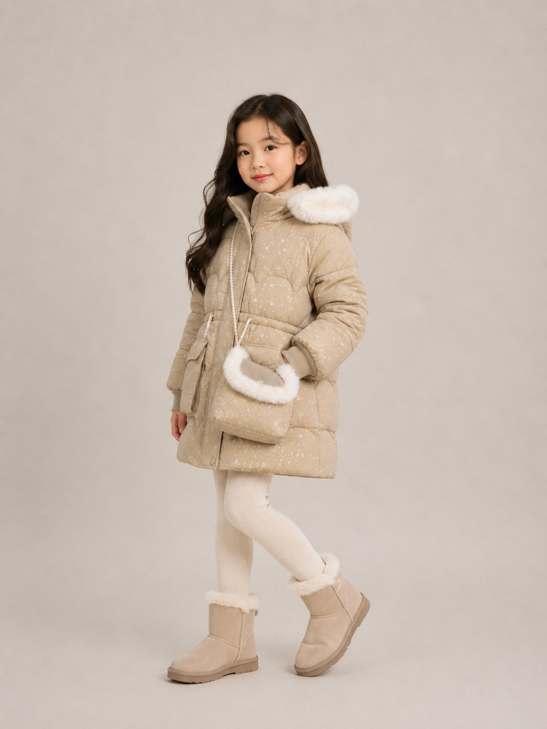 Girls' Premium Faux Fur Hooded Winter Jacket | Cream