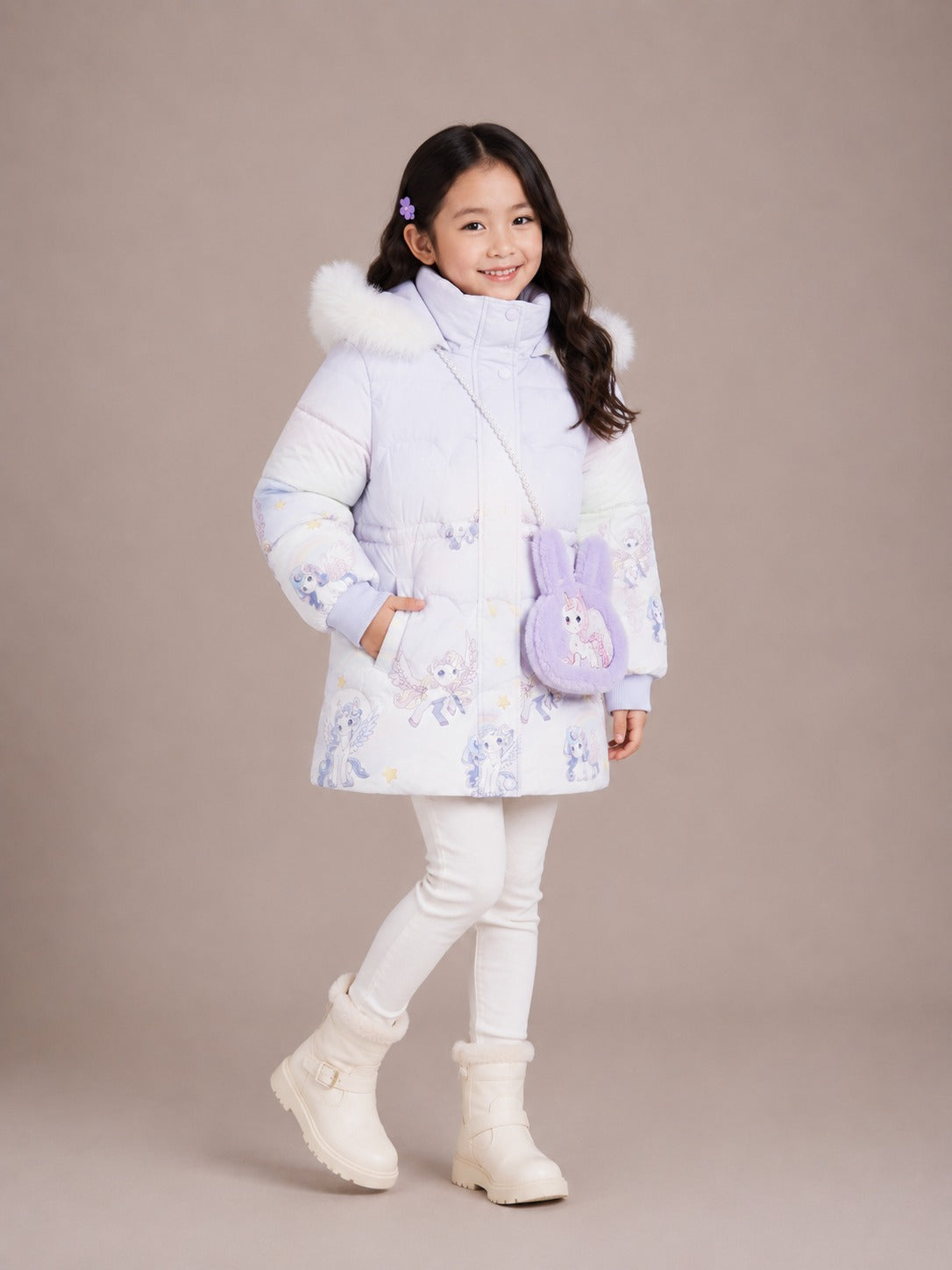 Girls' Unicorn Print Hooded Winter Jacket | Blue
