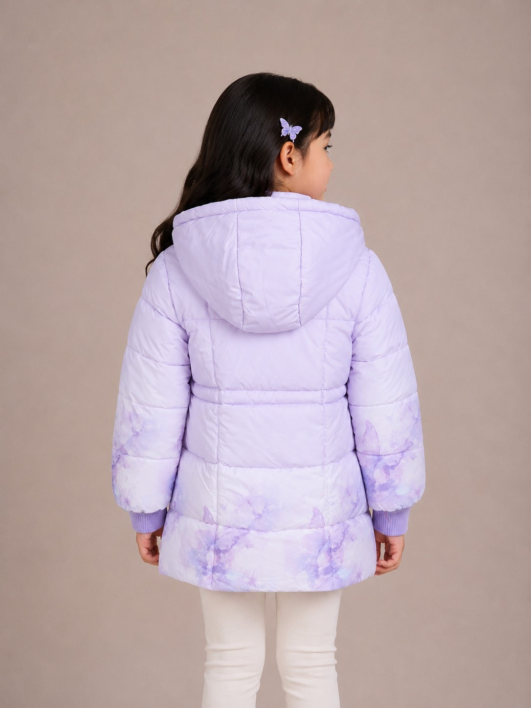 Girls' Butterfly Print Hooded Winter Jacket | Purple