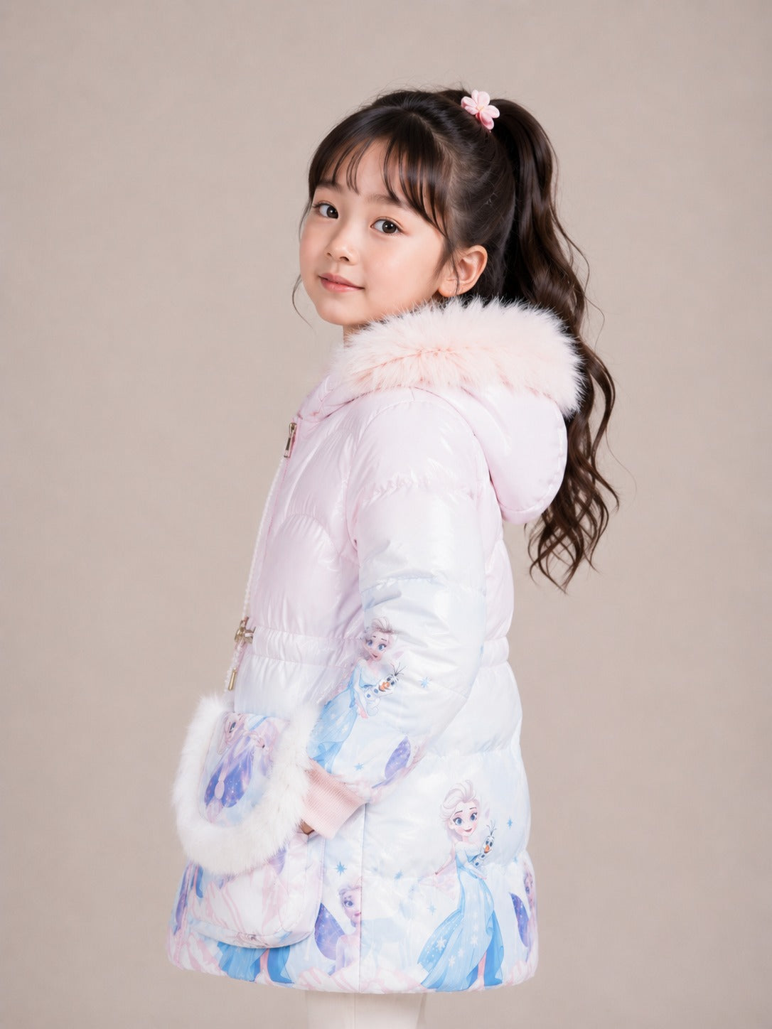 Girls' Princess Print Hooded Winter Jacket | Pink