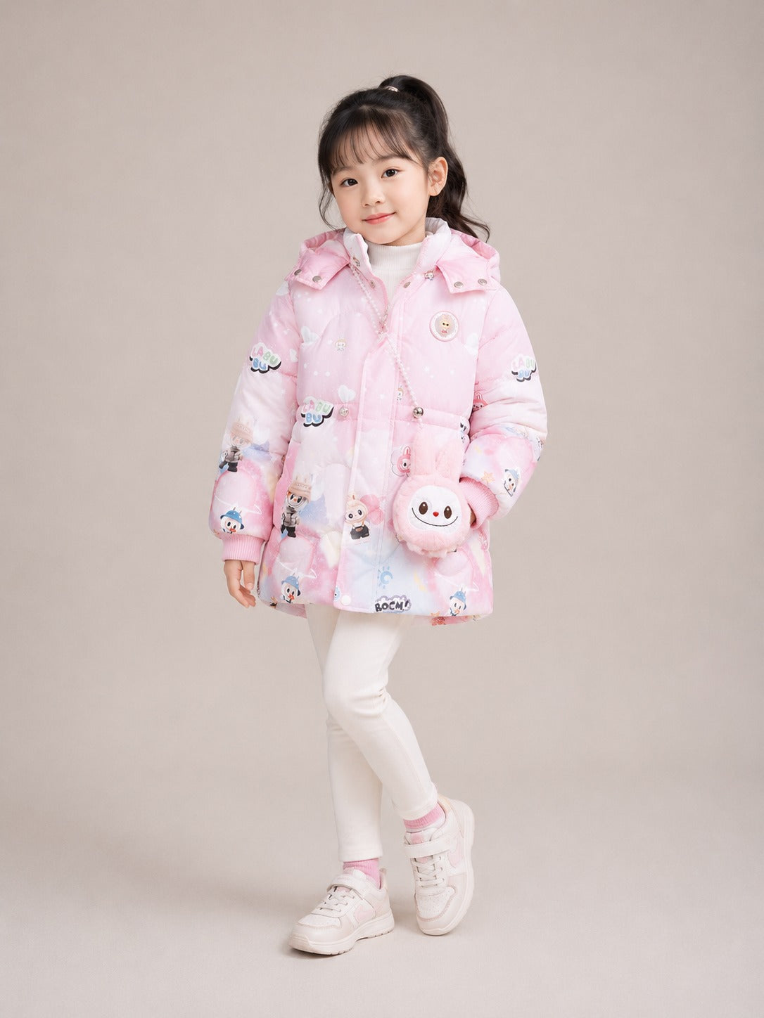 Girls' Labubu Print Hooded Winter Jacket | Pink