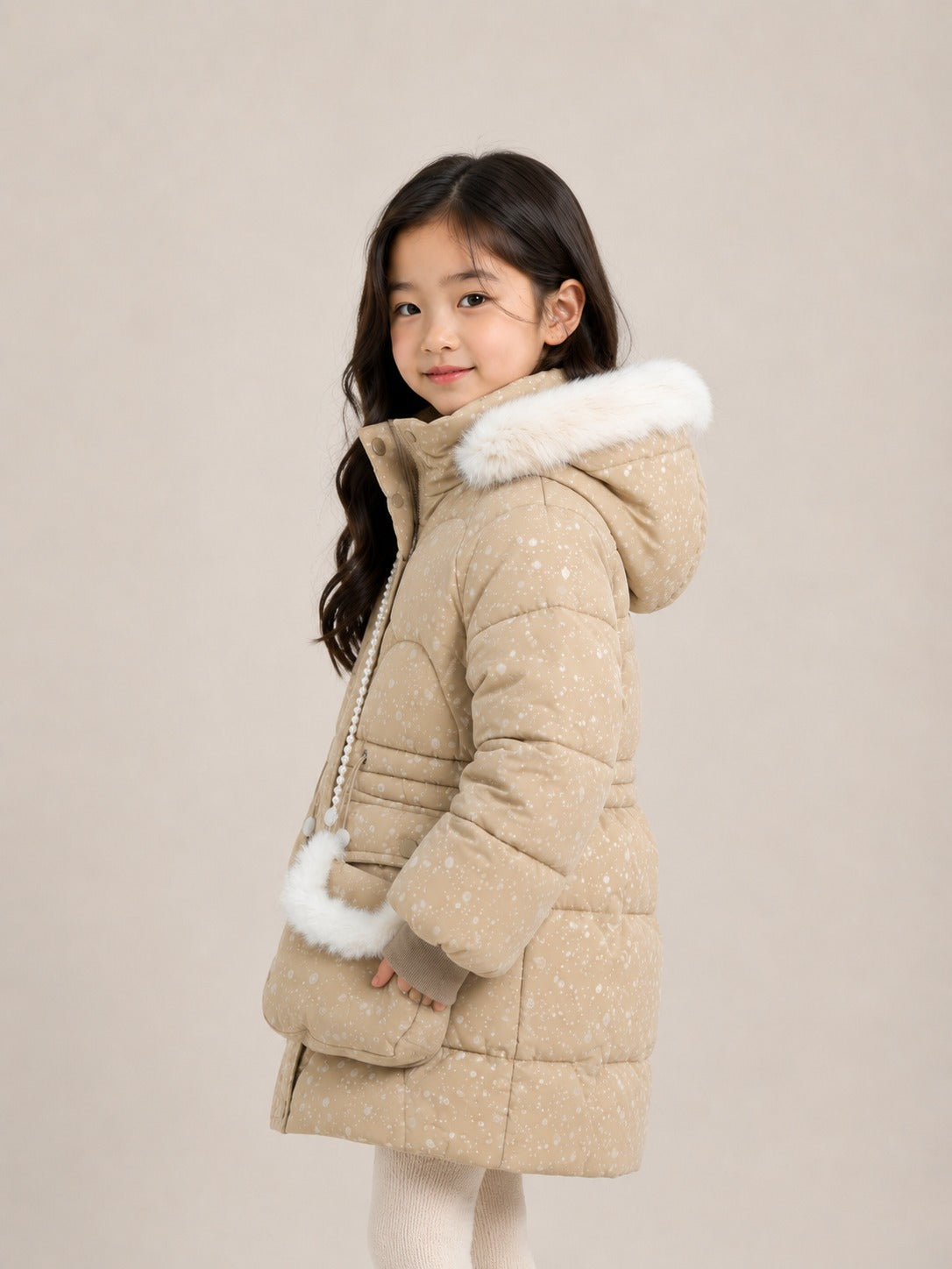 Girls' Premium Faux Fur Hooded Winter Jacket | Cream