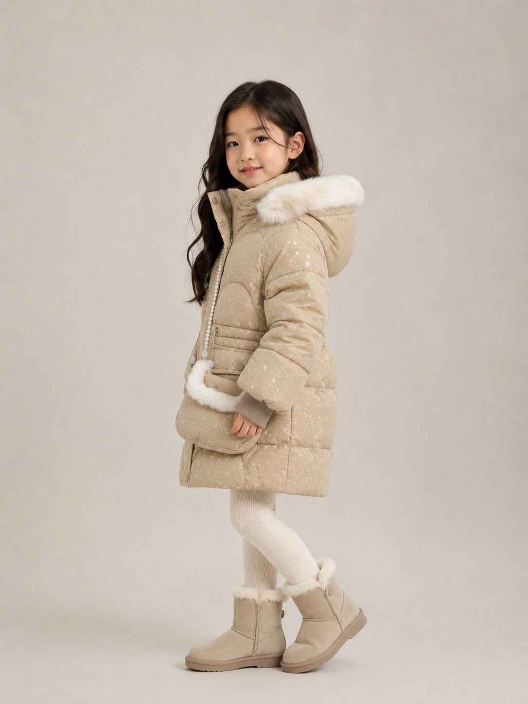 Girls' Premium Faux Fur Hooded Winter Jacket | Cream