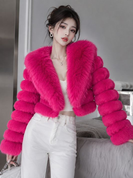 MAFFLE Women's Luxe Faux Fur Cropped Jacket | Fushi Pink
