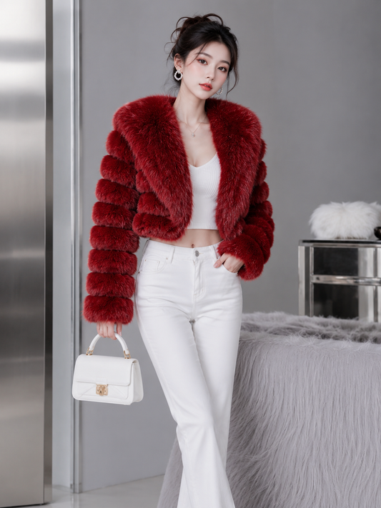 MAFFLE Women's Luxe Faux Fur Cropped Jacket | Maroon