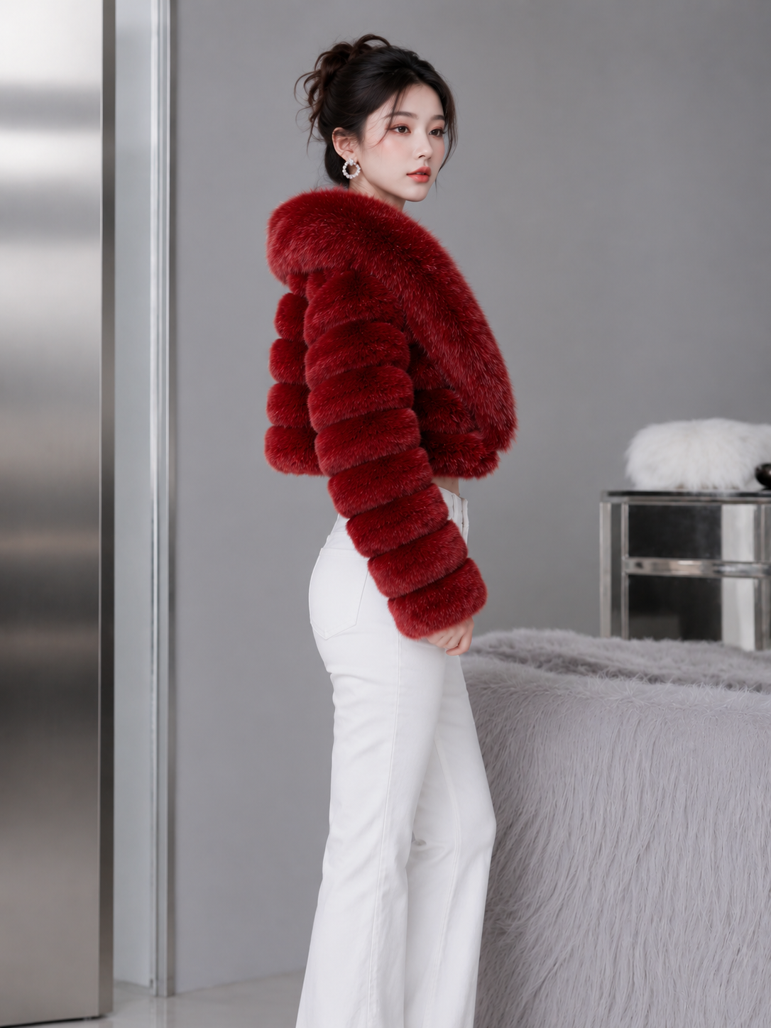 MAFFLE Women's Luxe Faux Fur Cropped Jacket | Maroon
