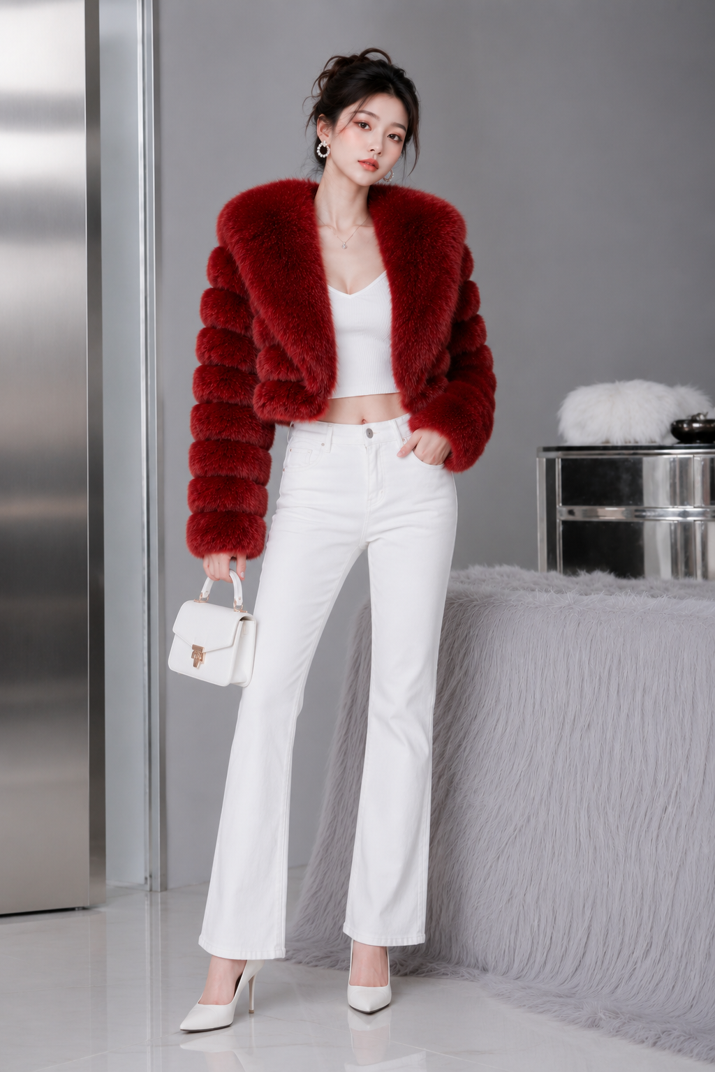 MAFFLE Women's Luxe Faux Fur Cropped Jacket | Maroon
