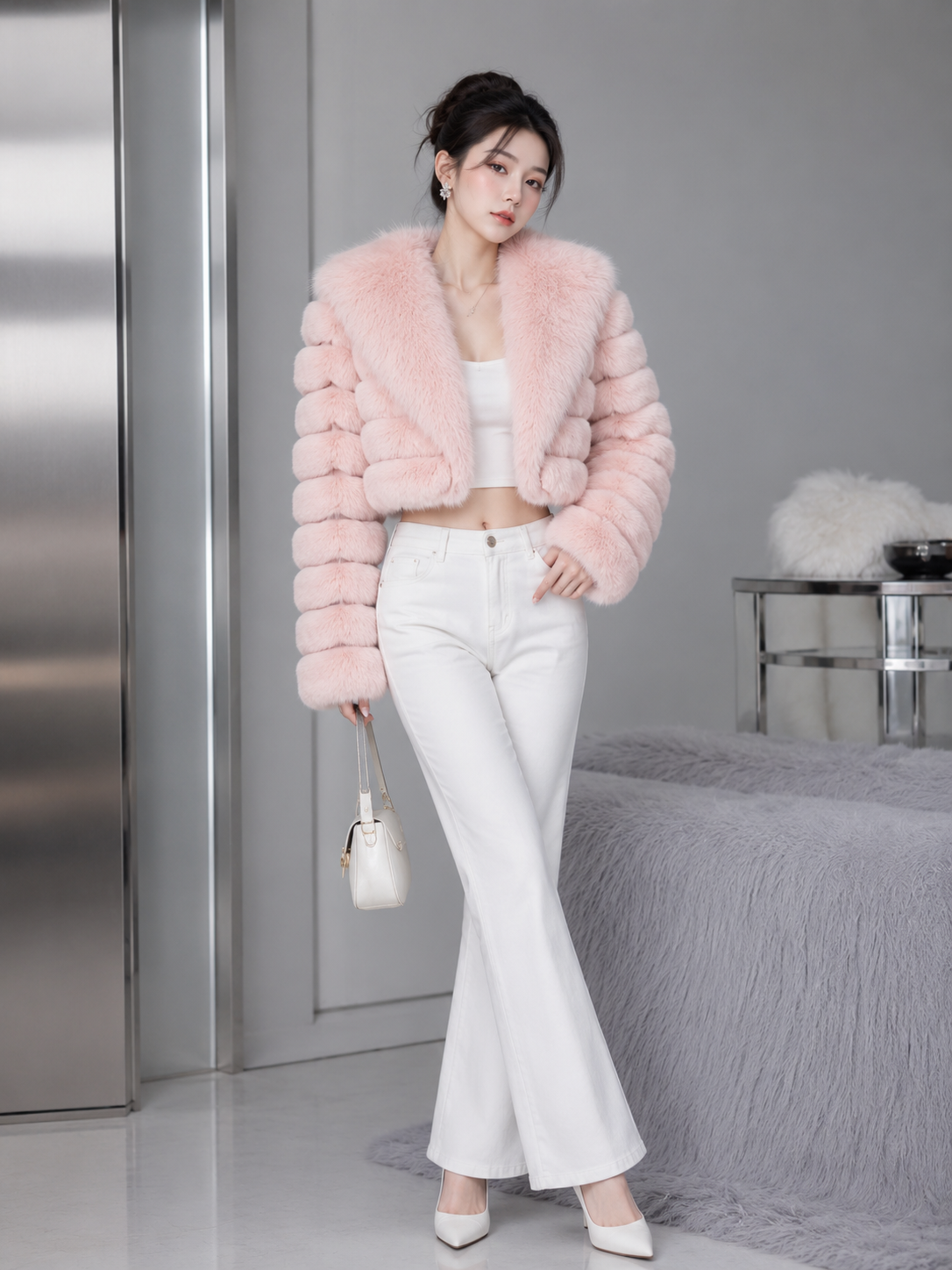 MAFFLE Women's Luxe Faux Fur Cropped Jacket | Peach