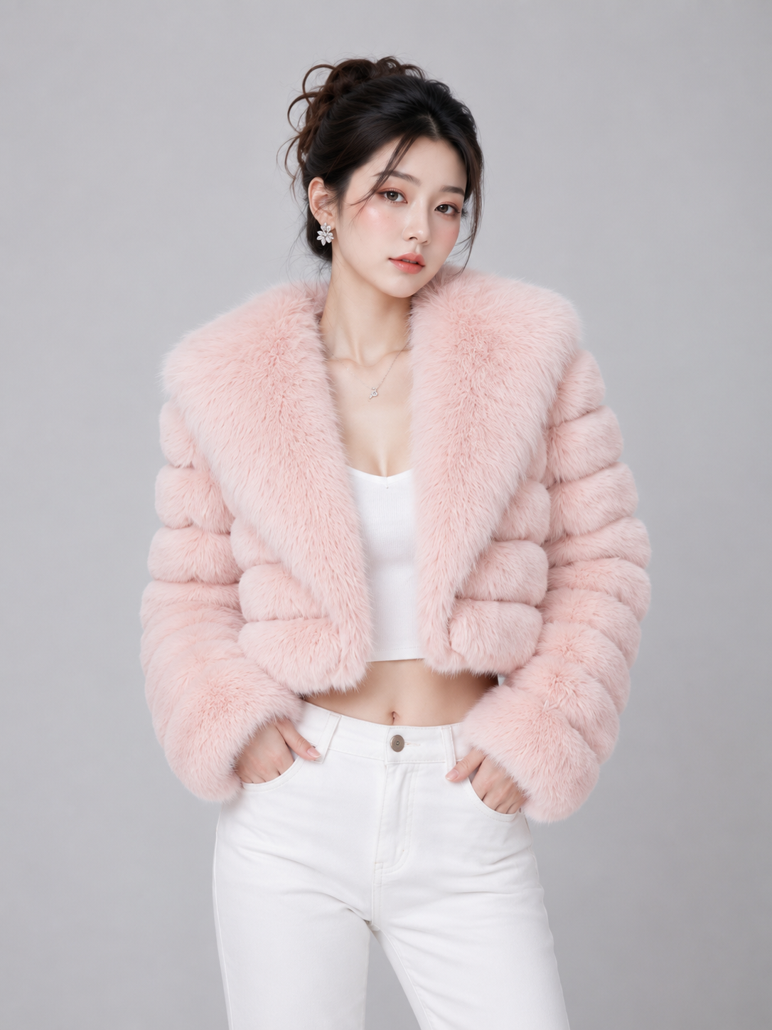 MAFFLE Women's Luxe Faux Fur Cropped Jacket | Peach