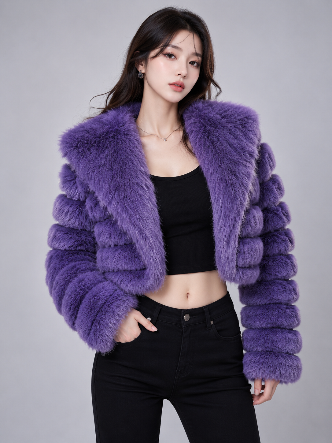 MAFFLE Women's Luxe Faux Fur Cropped Jacket | Purple