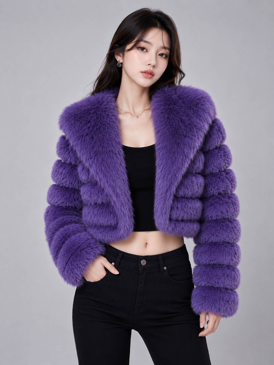 MAFFLE Women's Luxe Faux Fur Cropped Jacket | Purple