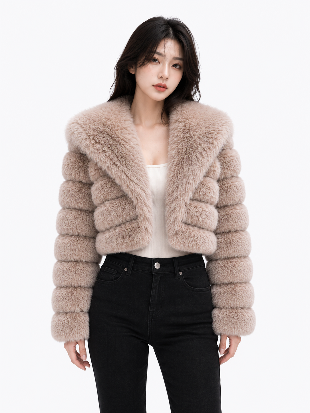 MAFFLE Women's Luxe Faux Fur Cropped Jacket | Light Brown