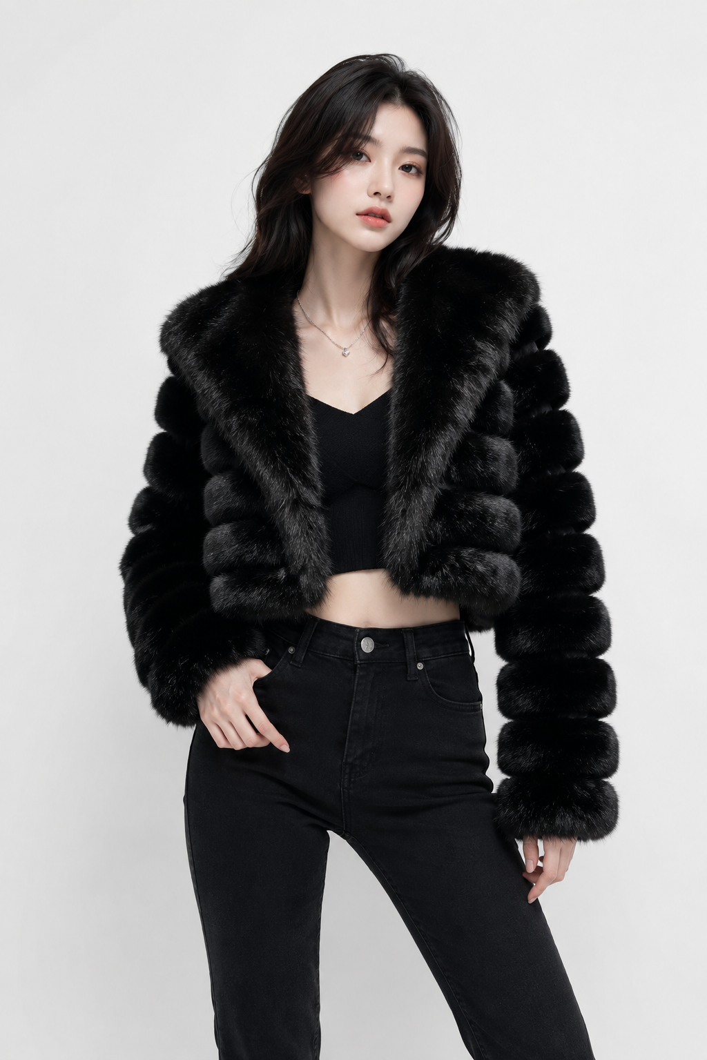 MAFFLE Women's Luxe Faux Fur Cropped Jacket | Black
