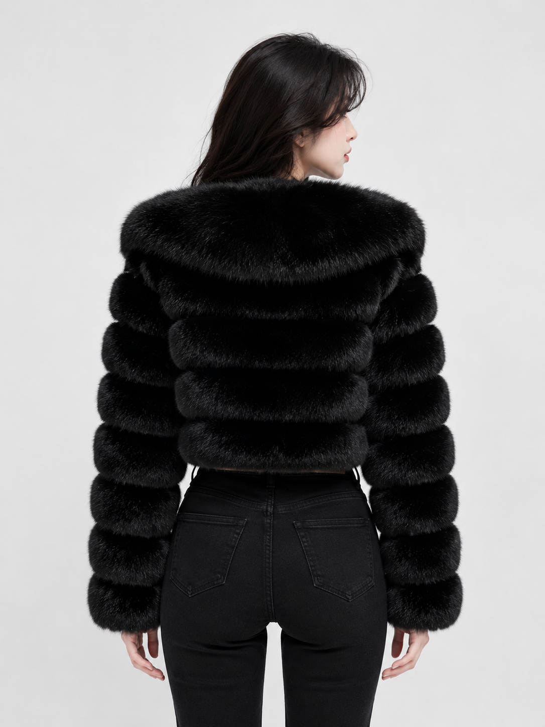 MAFFLE Women's Luxe Faux Fur Cropped Jacket | Black