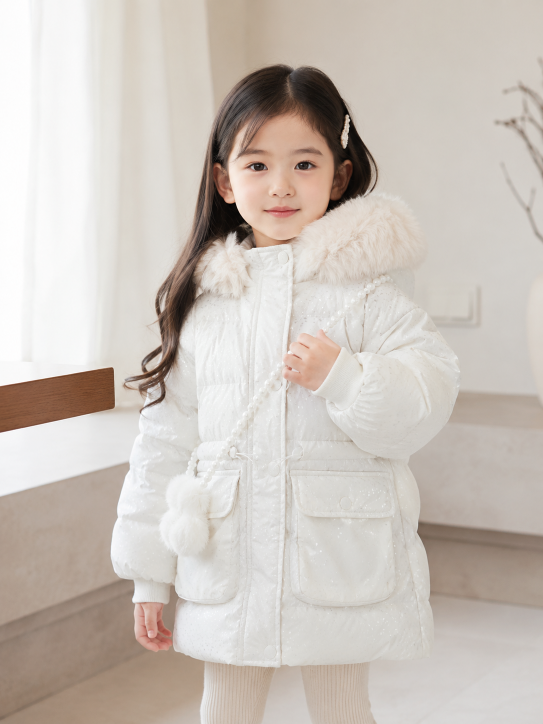 Girls' Premium Faux Fur Hooded Winter Jacket | White