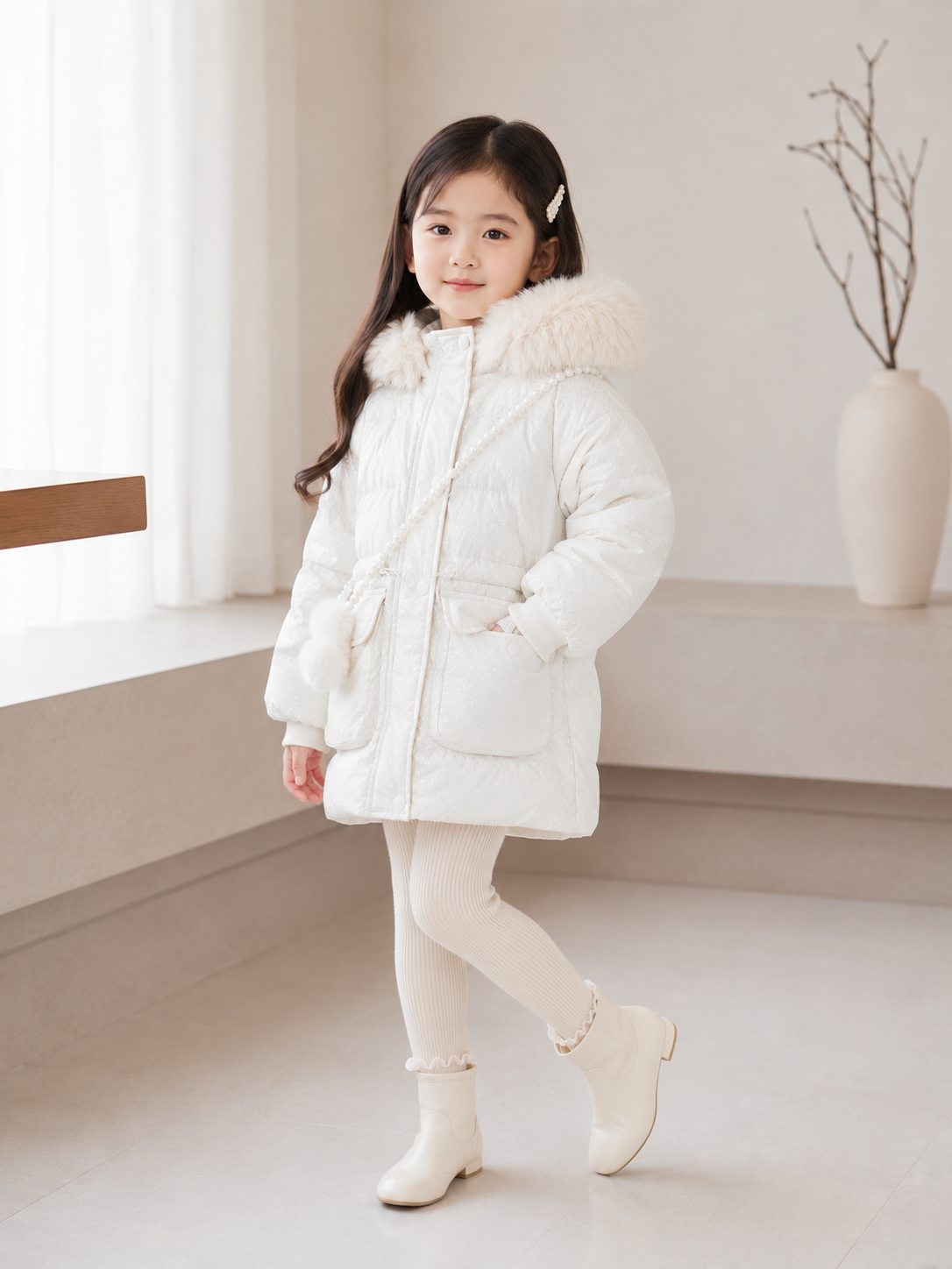 Girls' Premium Faux Fur Hooded Winter Jacket | White