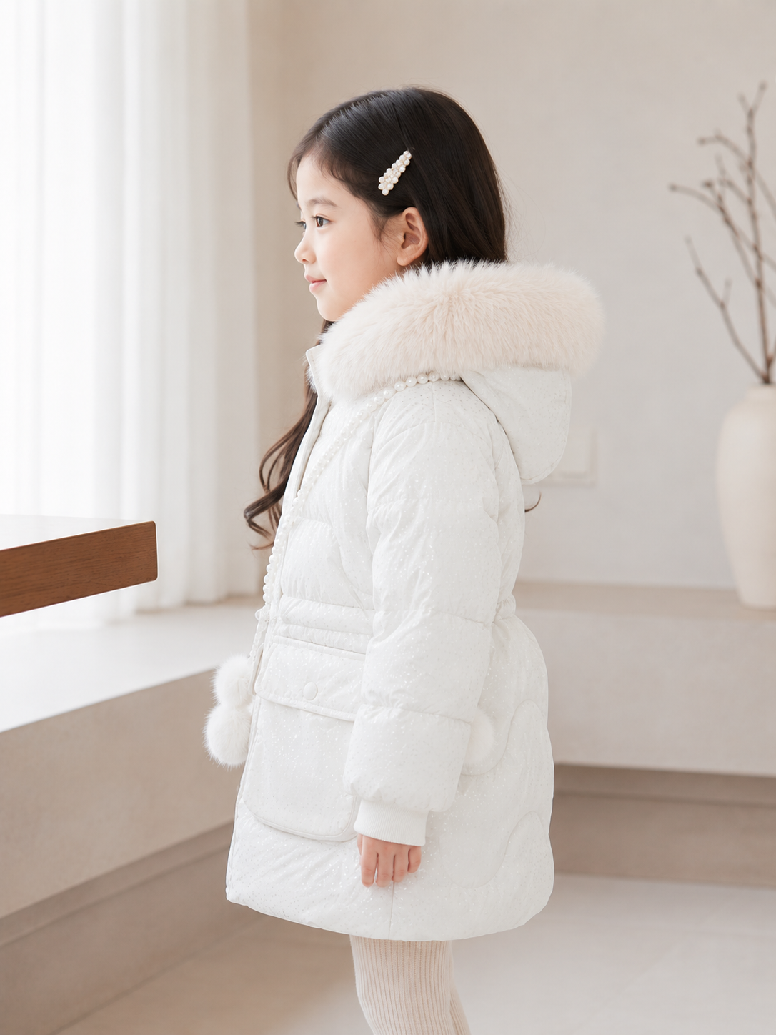 Girls' Premium Faux Fur Hooded Winter Jacket | White
