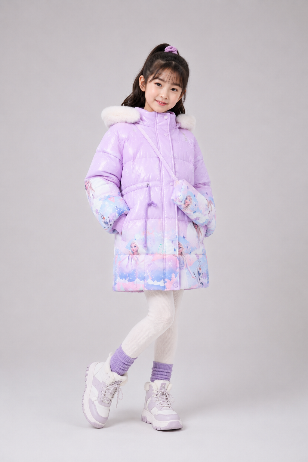 Girls' Elsa Print Hooded Winter Jacket | Purple