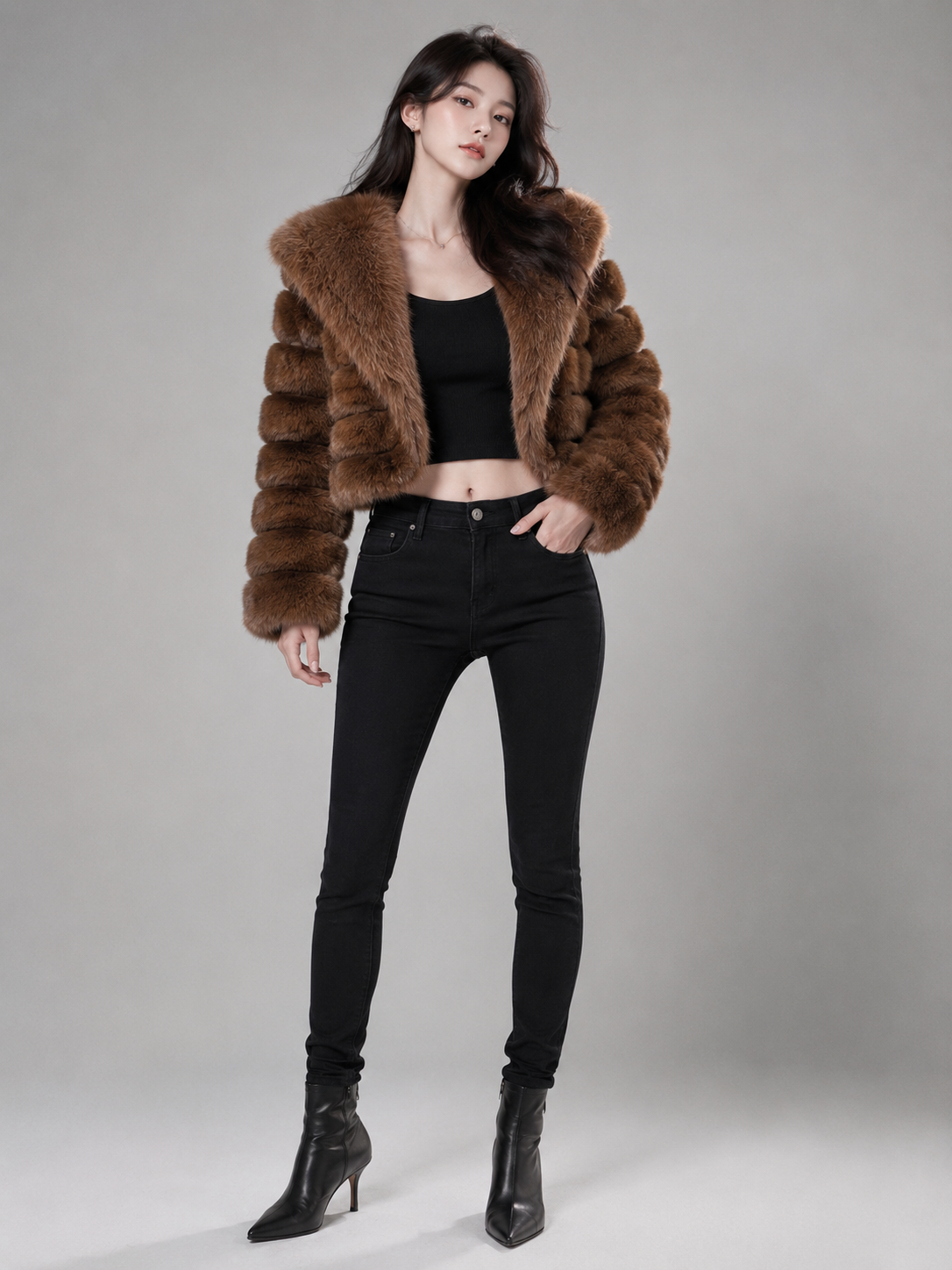 MAFFLE Women's Luxe Faux Fur Cropped Jacket | Brown