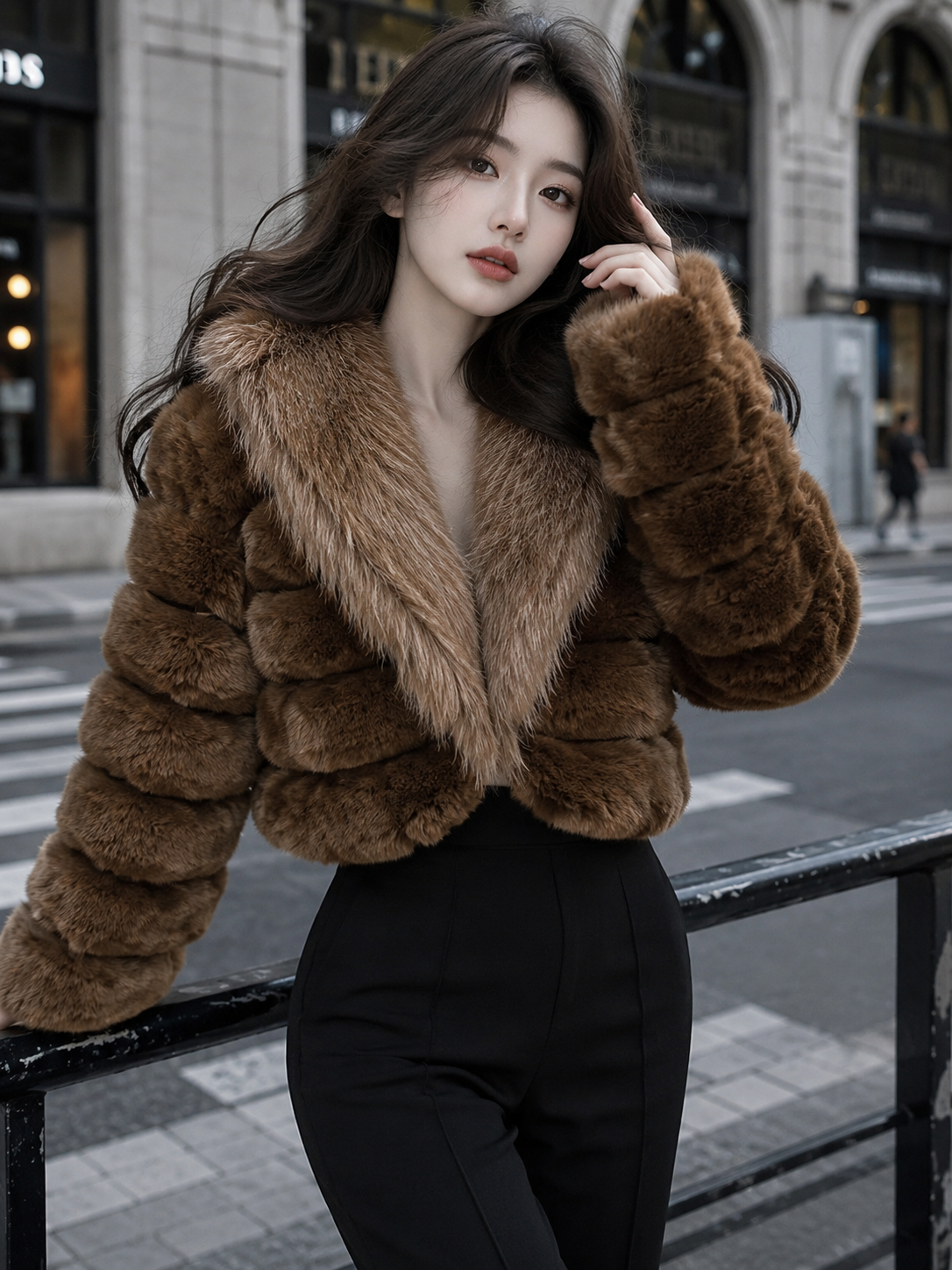 MAFFLE Women's Luxe Faux Fur Cropped Jacket | Brown