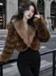 MAFFLE Women's Luxe Faux Fur Cropped Jacket | Brown