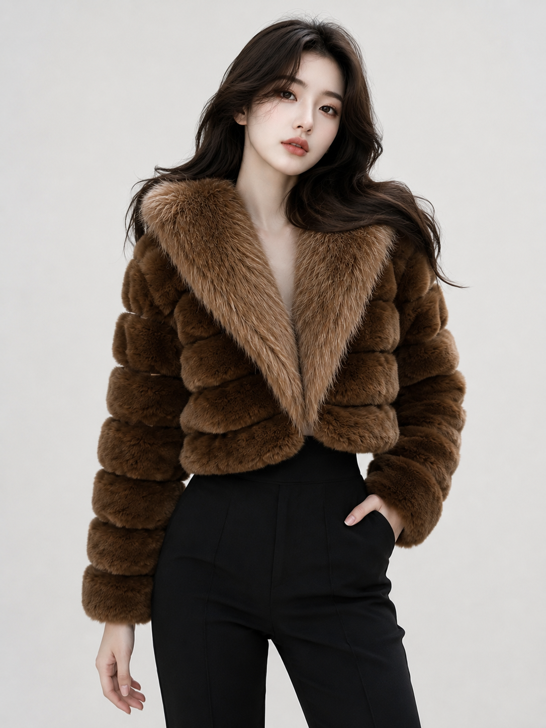 MAFFLE Women's Luxe Faux Fur Cropped Jacket | Brown