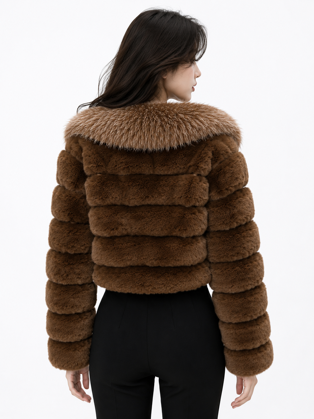 MAFFLE Women's Luxe Faux Fur Cropped Jacket | Brown