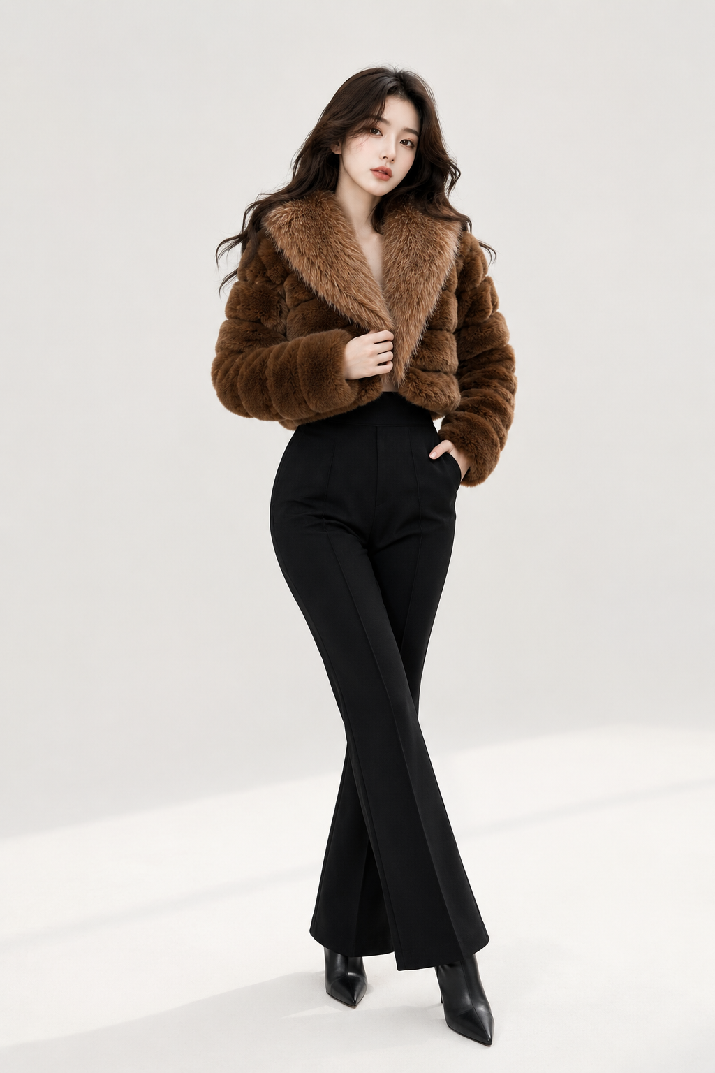 MAFFLE Women's Luxe Faux Fur Cropped Jacket | Brown