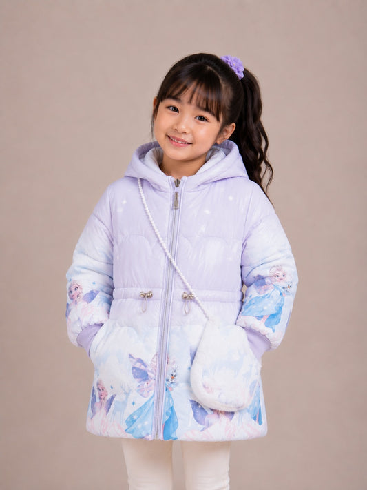 Girls' Princess Print Hooded Winter Jacket | Blue