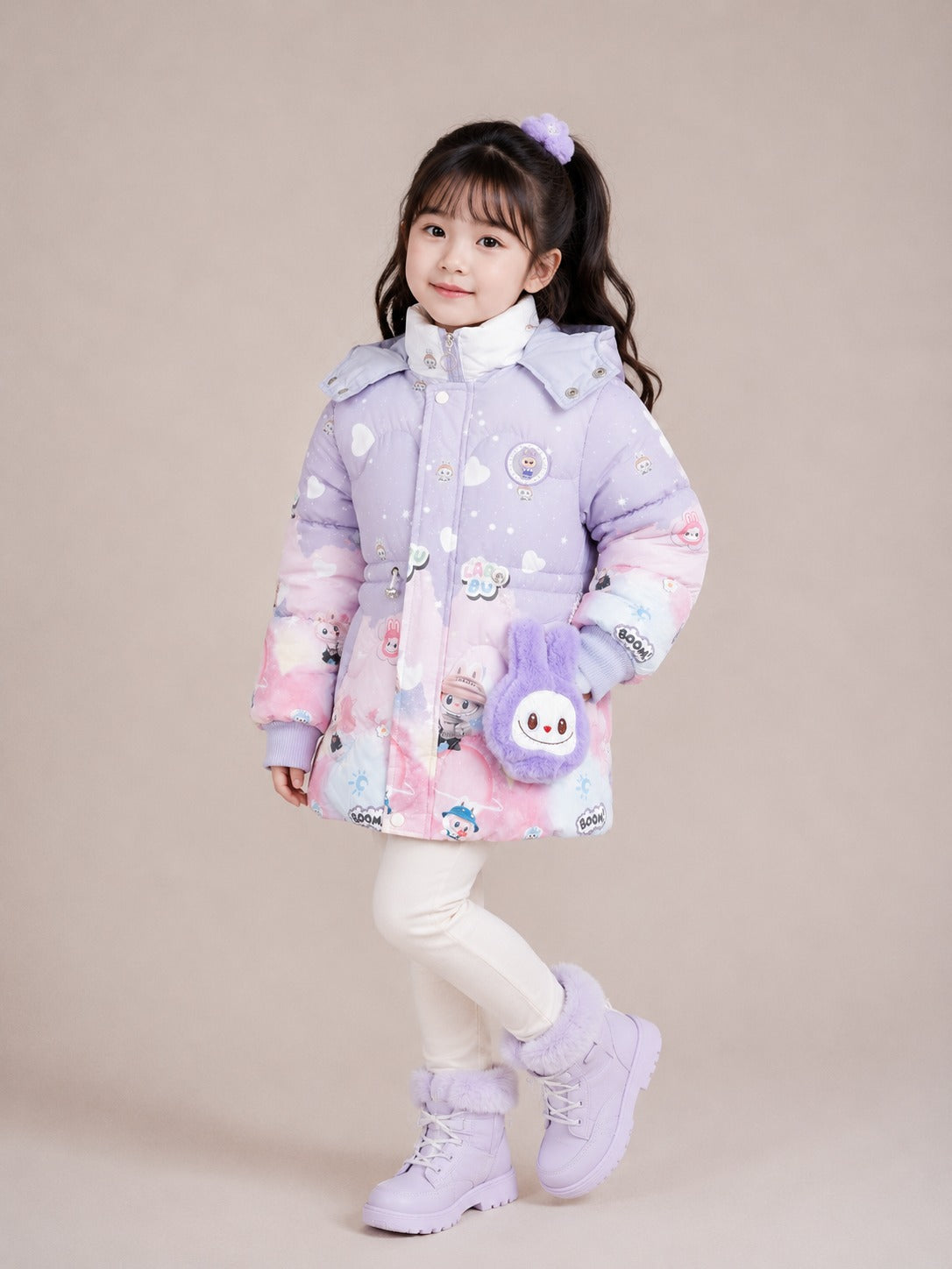 Girls' Labubu Print Hooded Winter Jacket |Purple