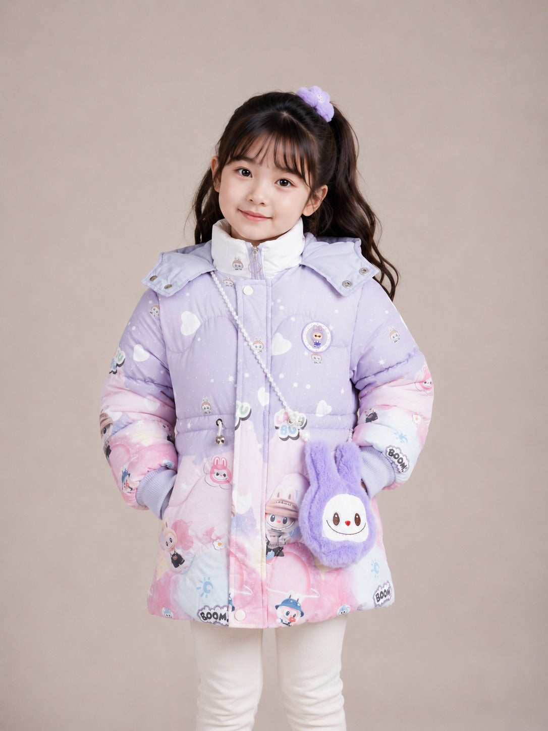 Girls' Labubu Print Hooded Winter Jacket |Purple