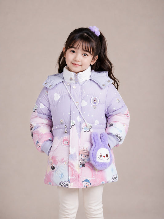 Girls' Labubu Print Hooded Winter Jacket |Purple