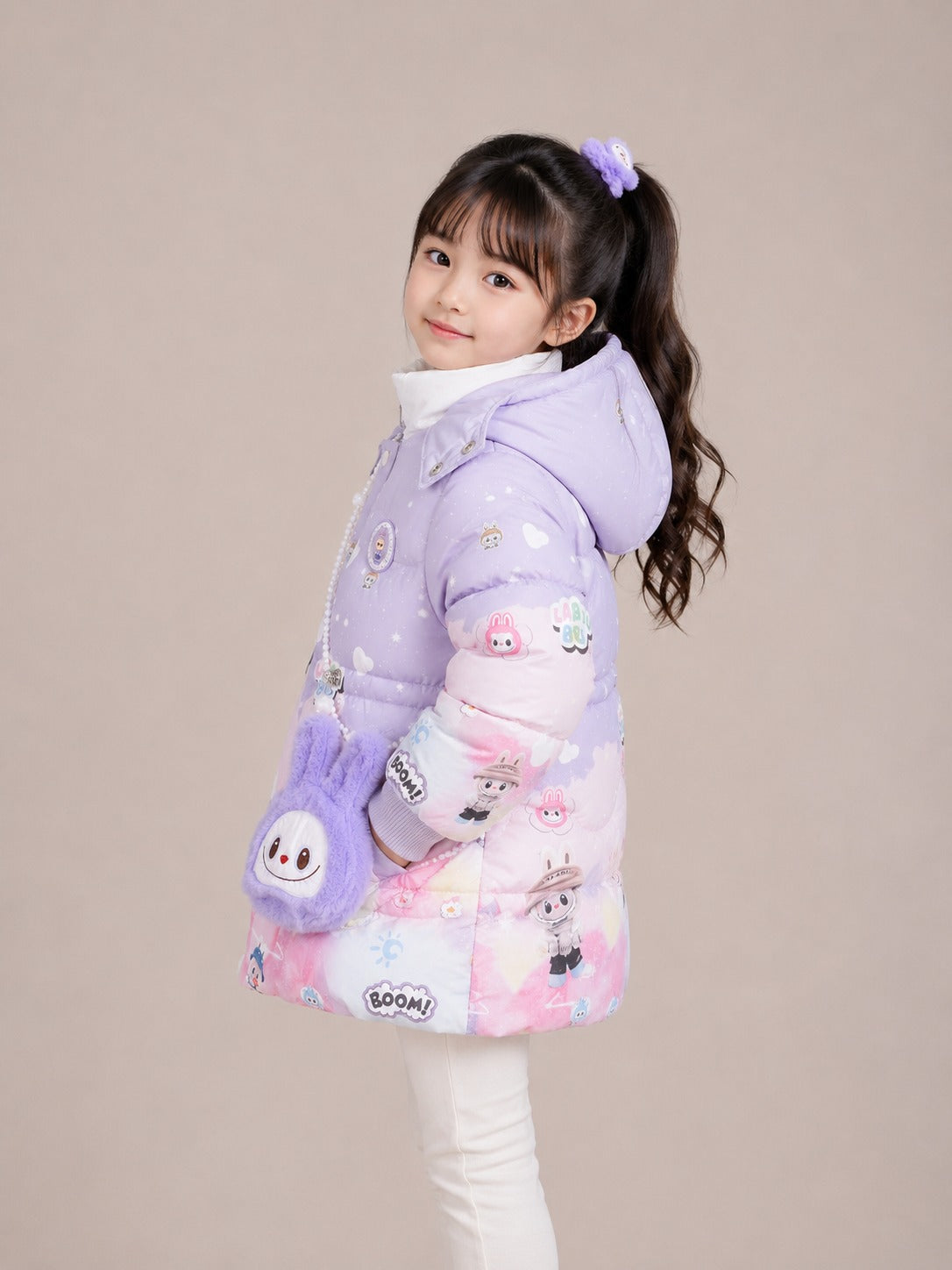 Girls' Labubu Print Hooded Winter Jacket |Purple