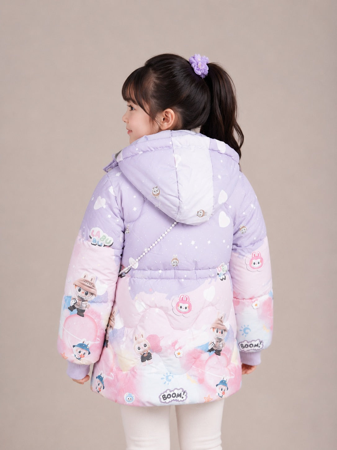 Girls' Labubu Print Hooded Winter Jacket |Purple