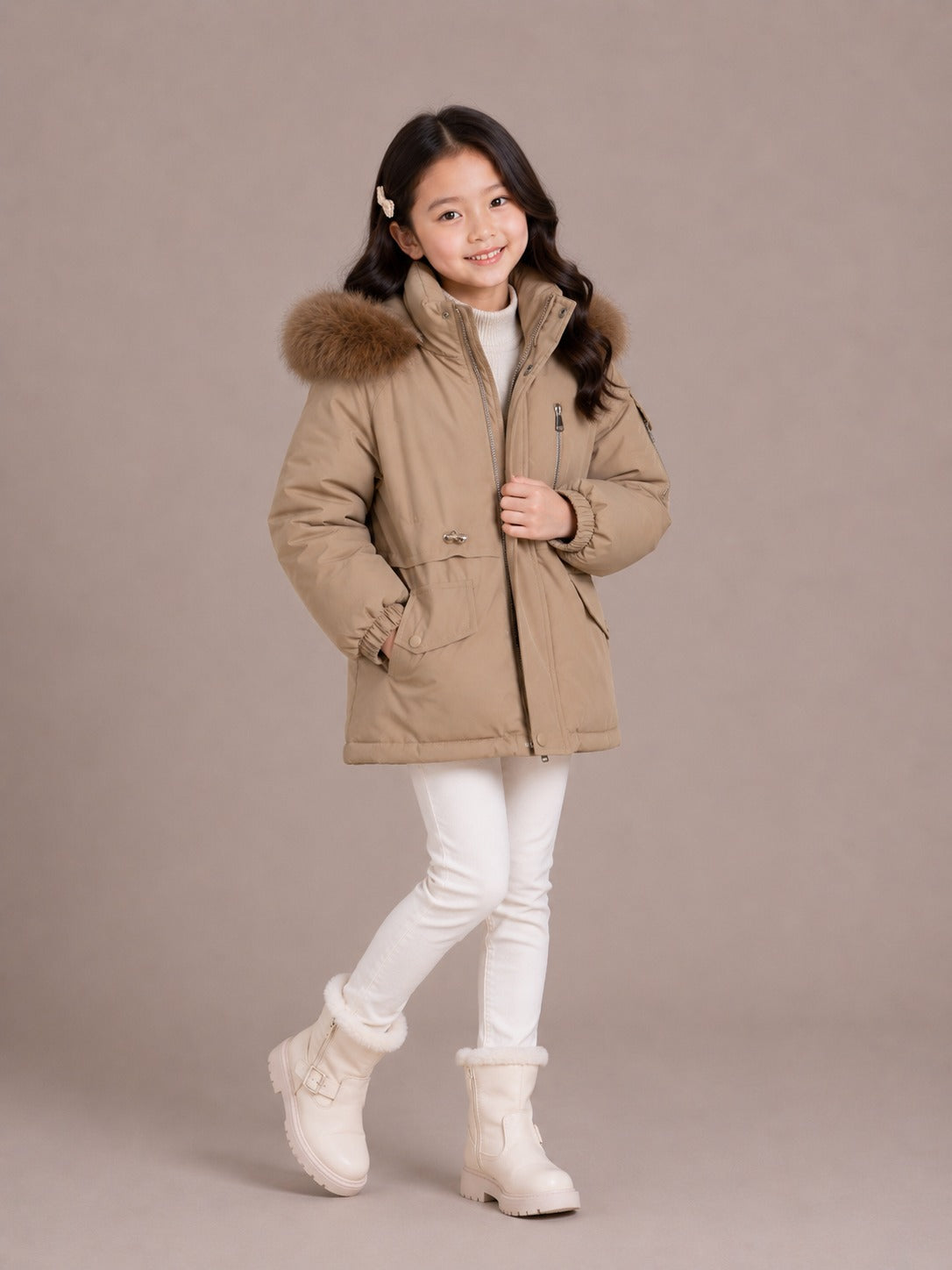 Girls' Premium Hooded Winter Jacket | Brown