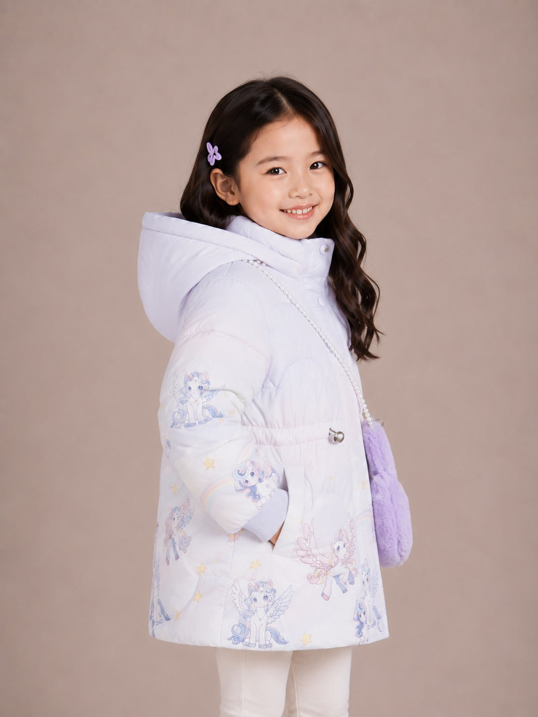 Girls' Unicorn Print Hooded Winter Jacket | Blue