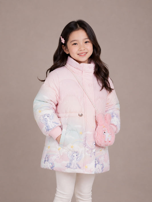 Girls' Unicorn Print Hooded Winter Jacket | Pink