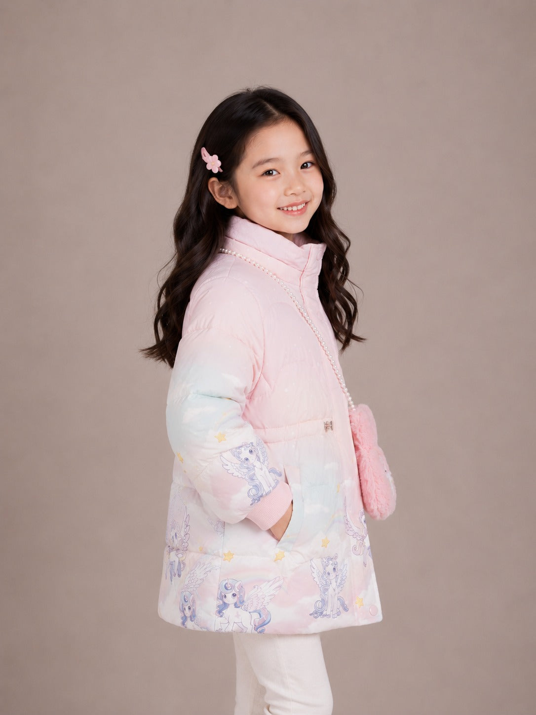 Girls' Unicorn Print Hooded Winter Jacket | Pink