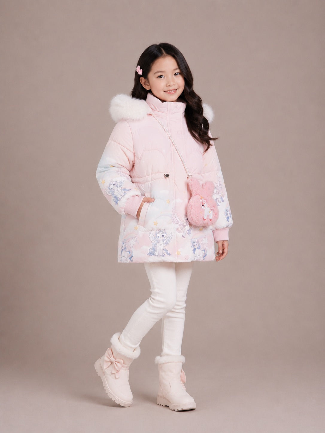 Girls' Unicorn Print Hooded Winter Jacket | Pink