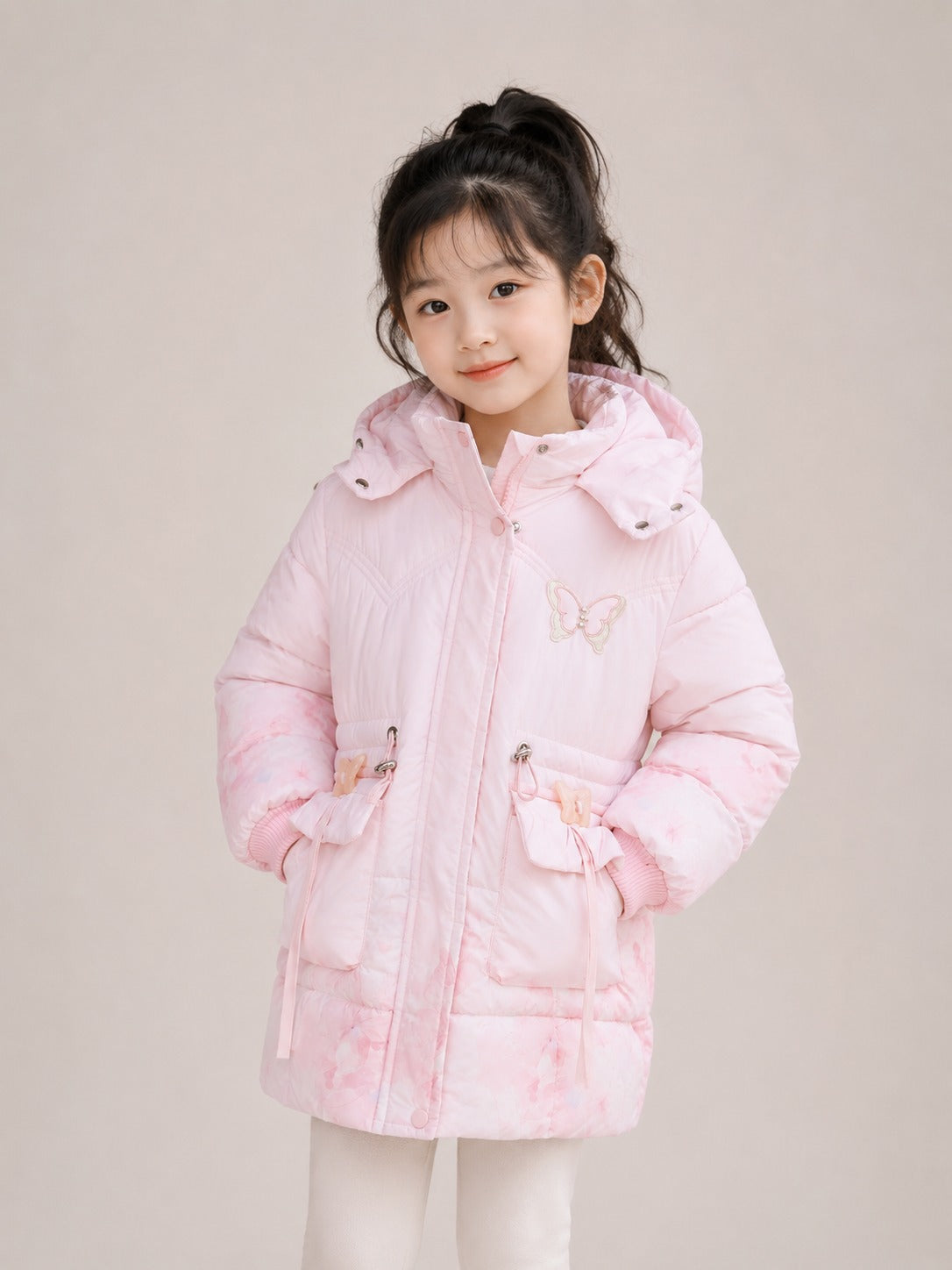 Girls' Butterfly Print Hooded Winter Jacket | Pink