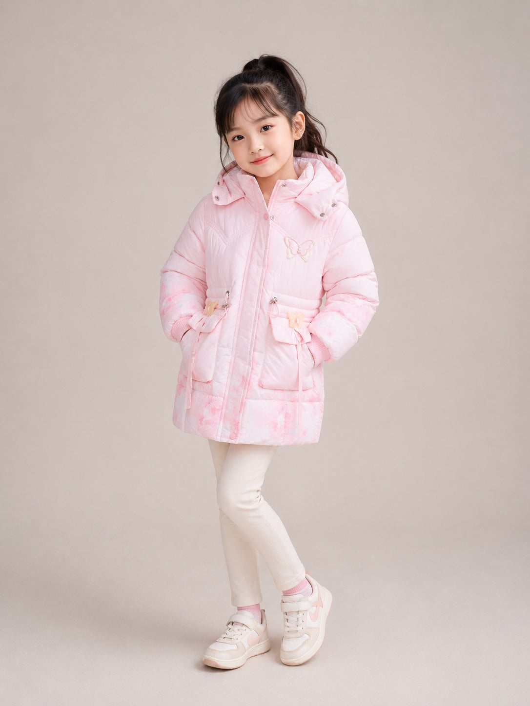 Girls' Butterfly Print Hooded Winter Jacket | Pink