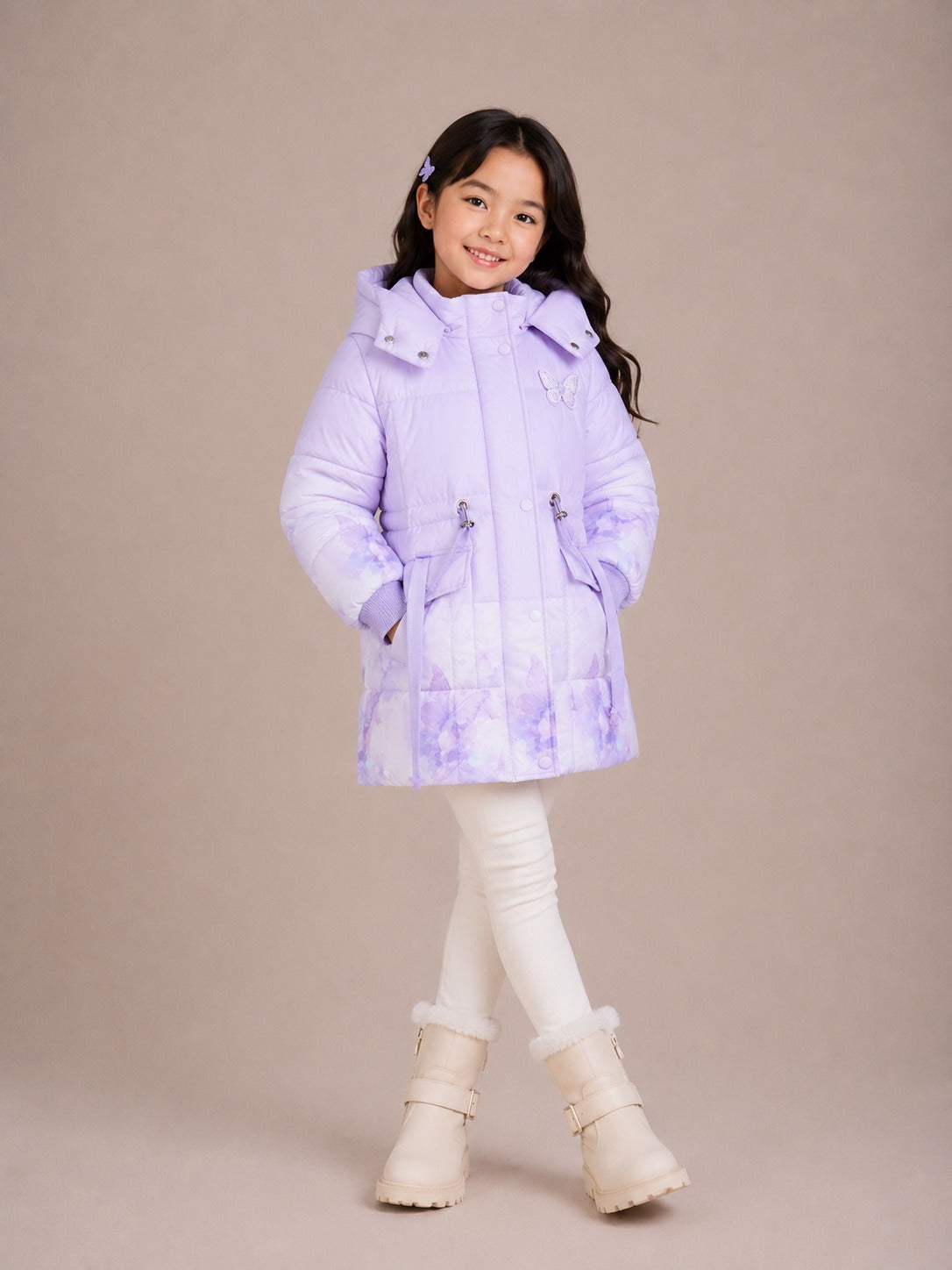 Girls' Butterfly Print Hooded Winter Jacket | Purple