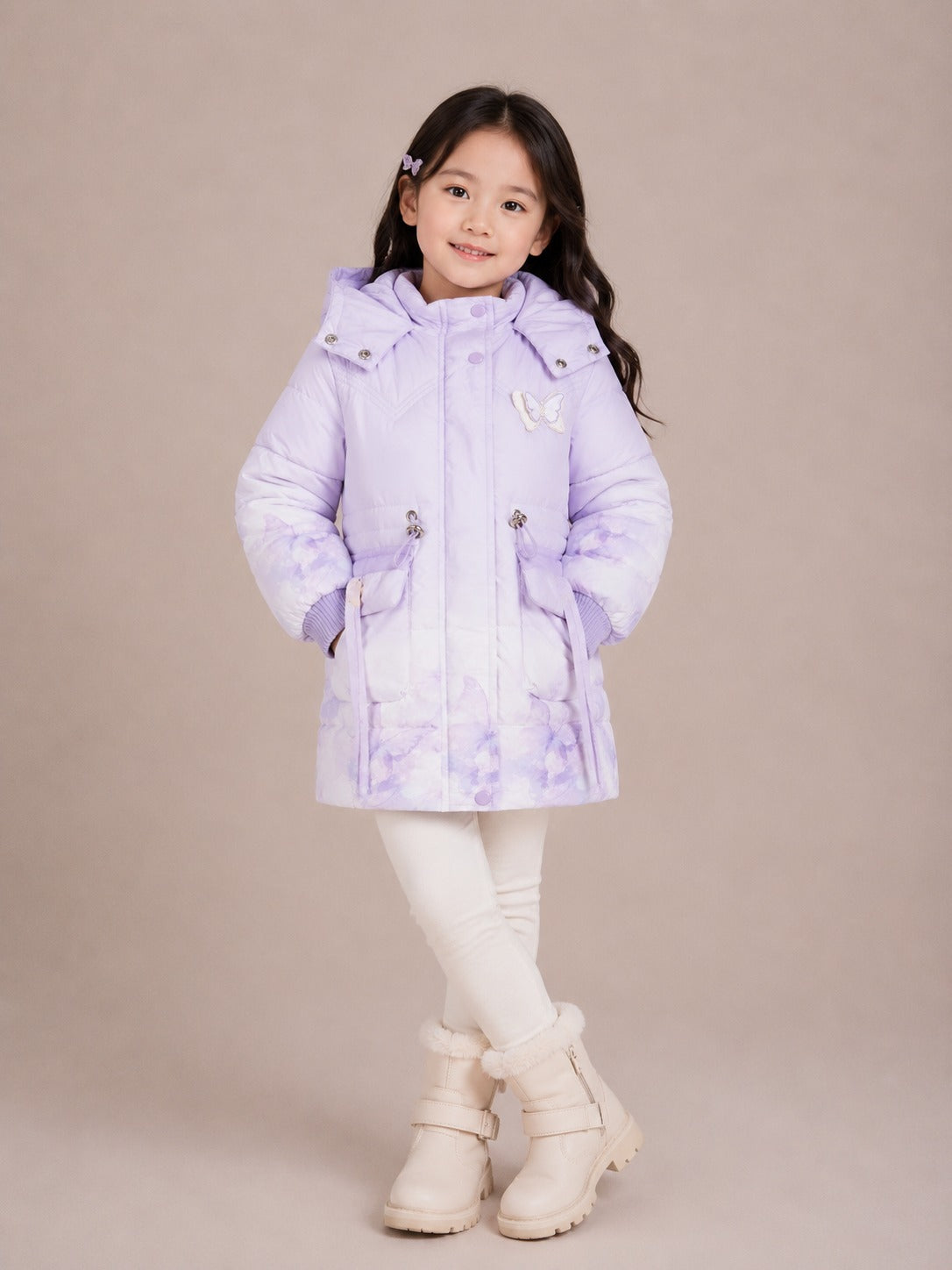 Girls' Butterfly Print Hooded Winter Jacket | Purple