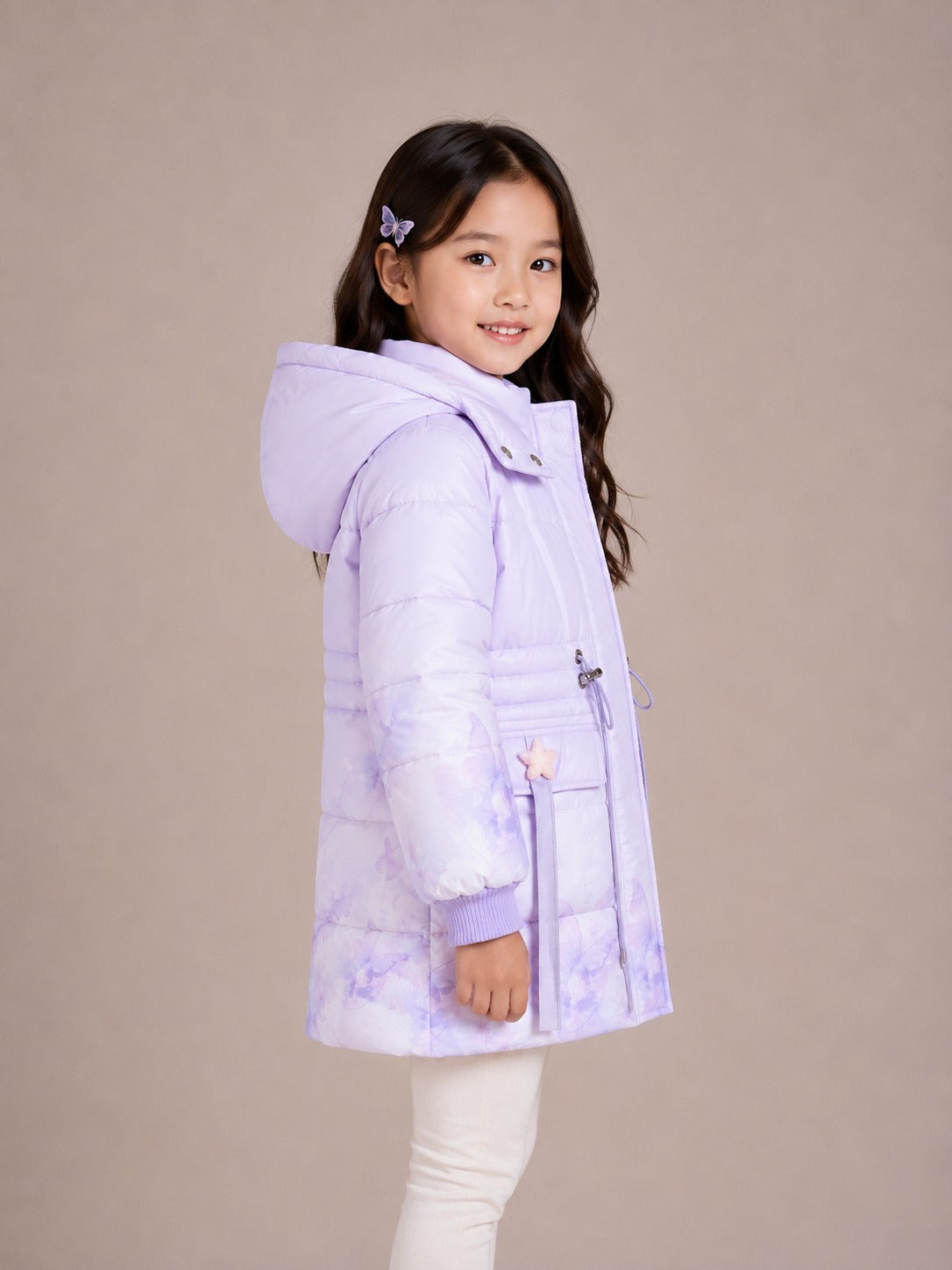 Girls' Butterfly Print Hooded Winter Jacket | Purple