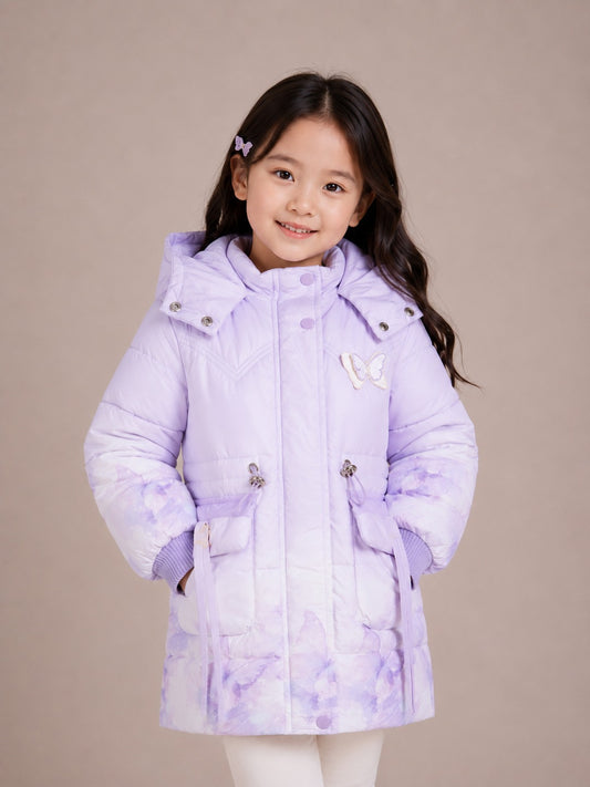 Girls' Butterfly Print Hooded Winter Jacket | Purple