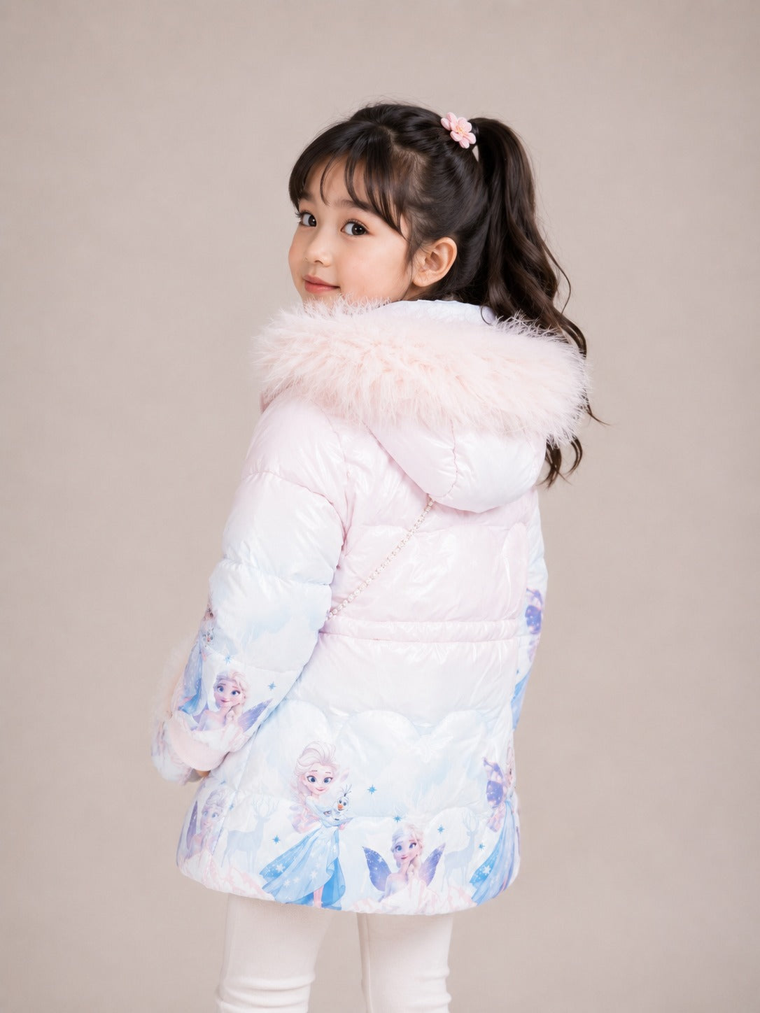 Girls' Princess Print Hooded Winter Jacket | Pink