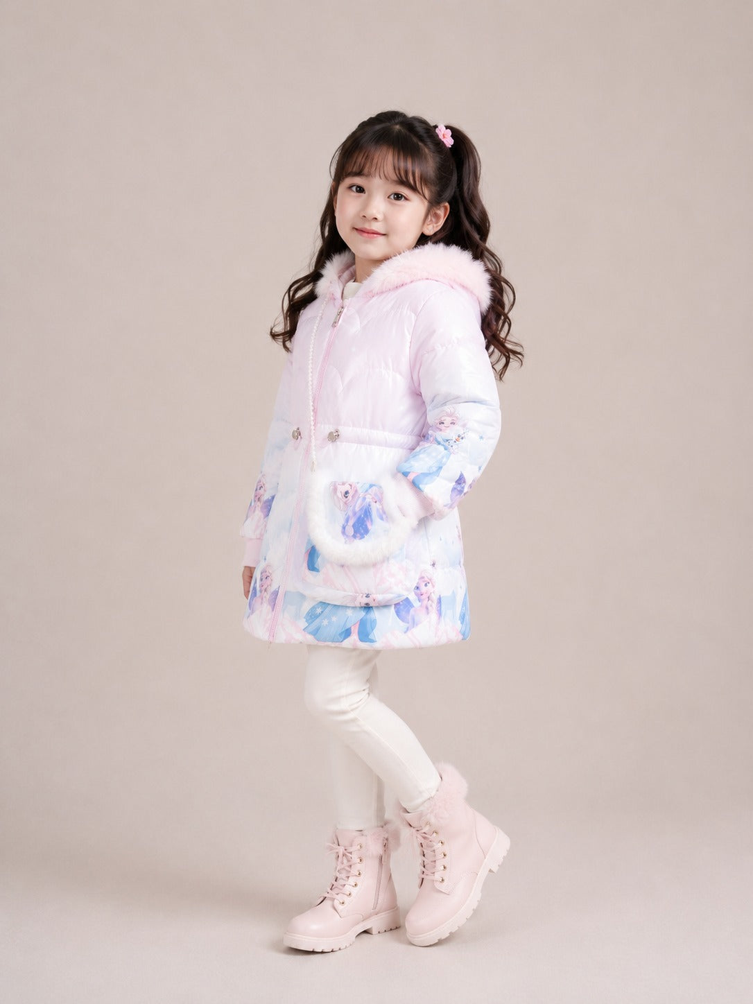 Girls' Princess Print Hooded Winter Jacket | Pink