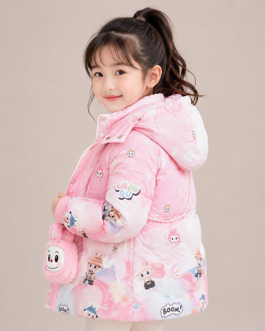 Girls' Labubu Print Hooded Winter Jacket | Pink