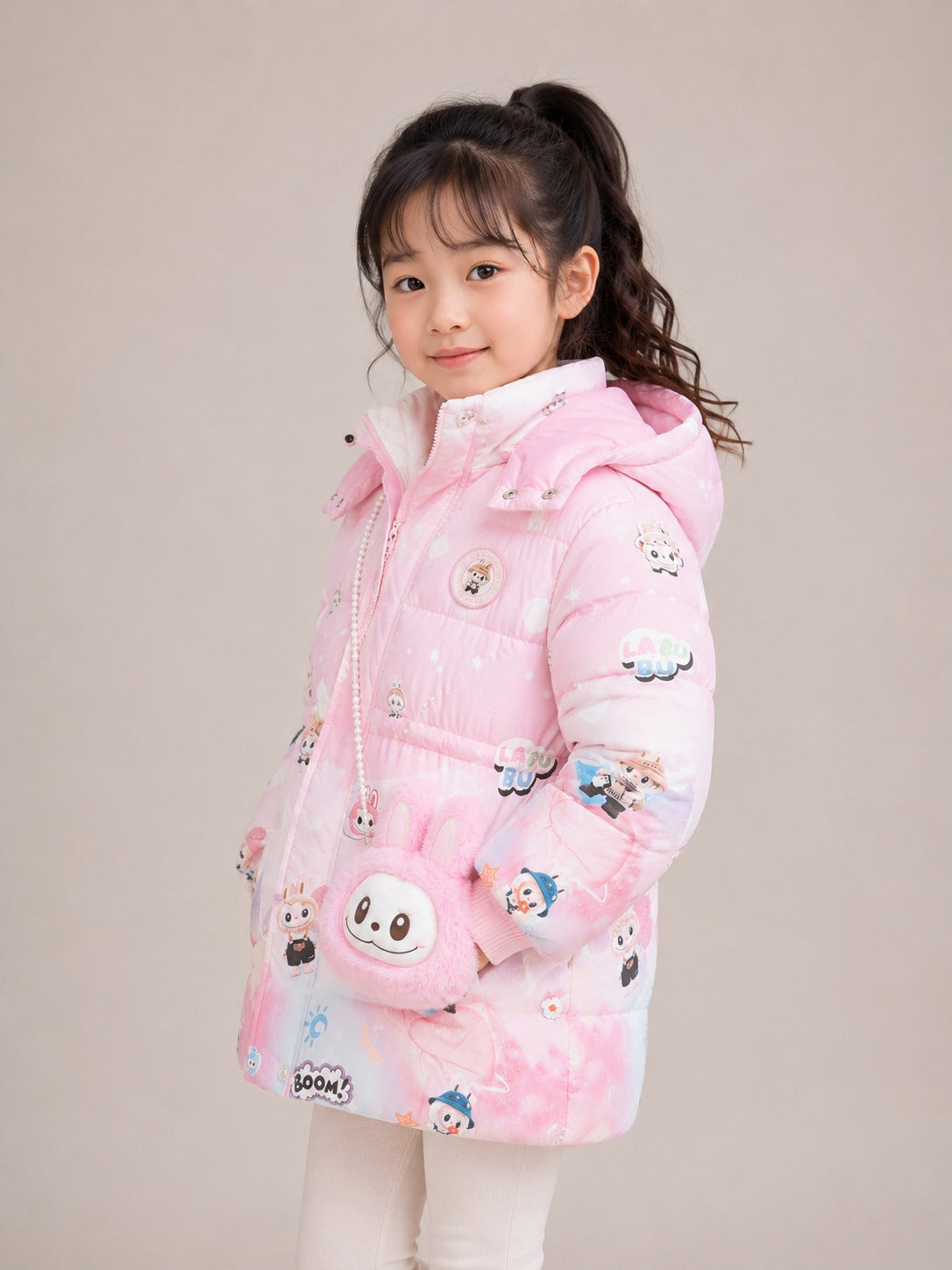 Girls' Labubu Print Hooded Winter Jacket | Pink